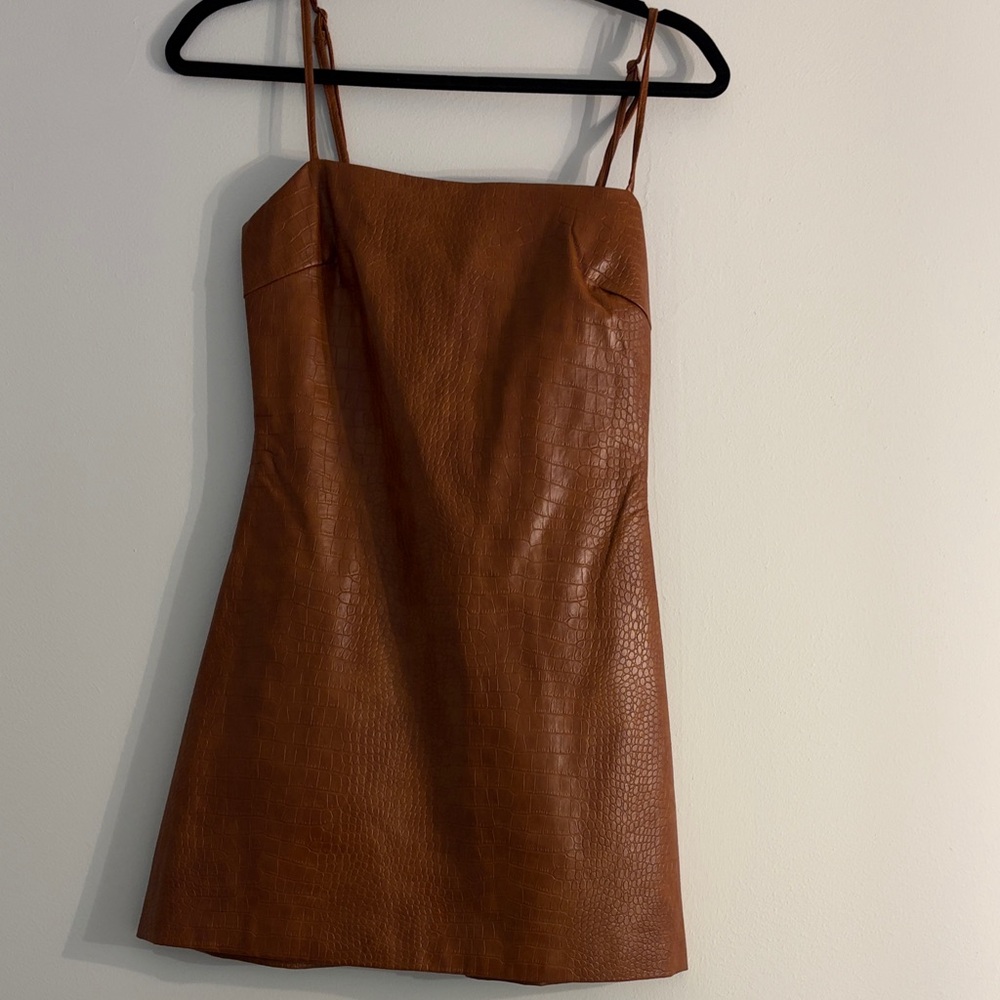 Bardot Cognac Croc-Embossed Faux Leather Mini Dress